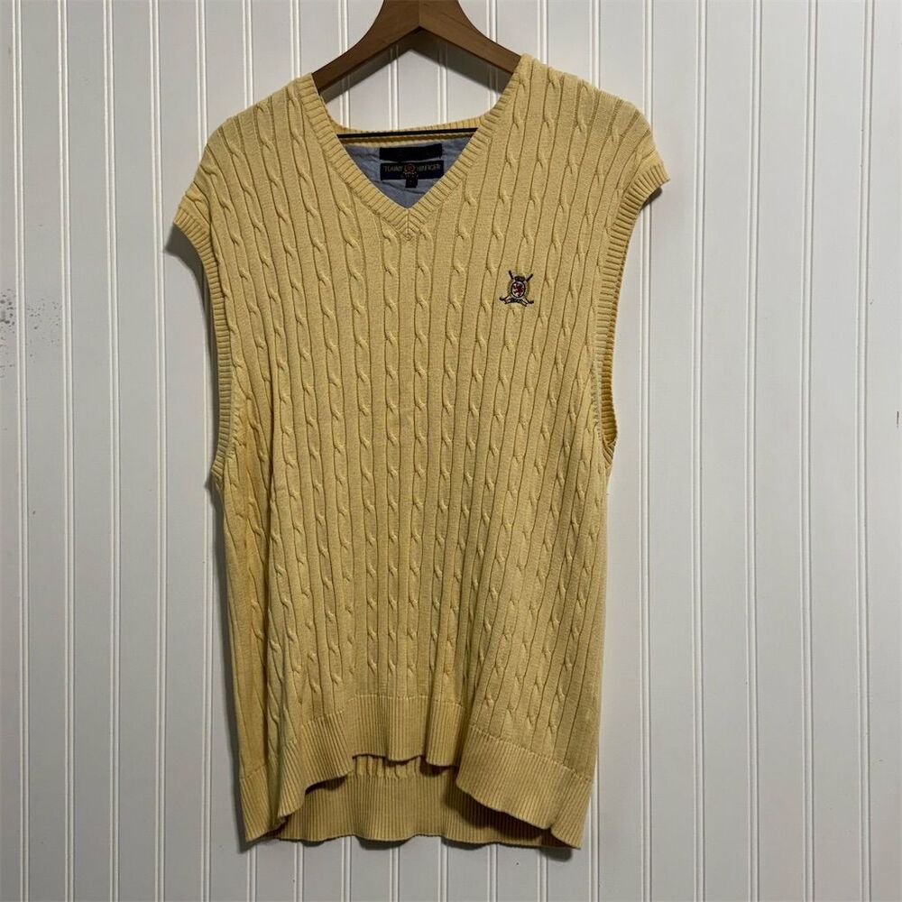Vtg TOMMY HILFIGER GOLF XL Cable Knit Sweater Vest Yellow 100% Cotton Preppy